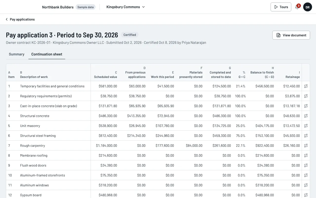 The continuation sheet of pay application 3, with scheduled value, work this period, completed to date, balance to finish and retainage for each line.